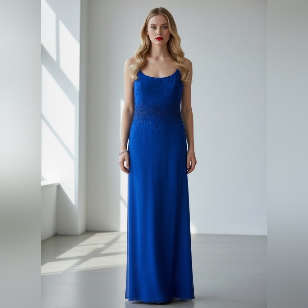 Betsy & Adam Iridescent Formal Beaded Gown Womens Sz 12 BLUE Prom Party Wedding